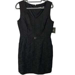 Ellen Tracy Women's Size 8  V-Neck Sleeveless Sheath Dress Black Rosette Floral